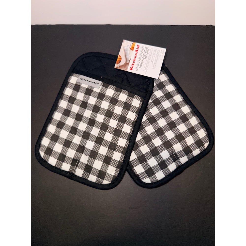 KitchenAid Pot Holders Set of 2 Black White Gingham Buffalo Check Silicone Grip